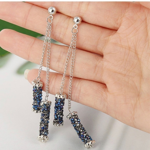 Long Tassel Earrings With Blue Crystals NWOT - Picture 1 of 5